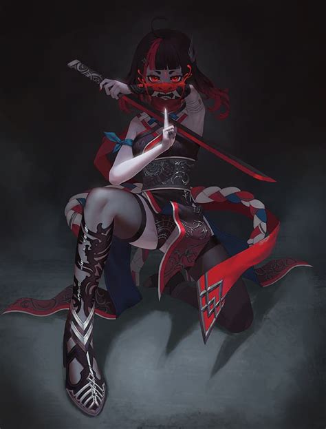 1360x768px | free download | HD wallpaper: ninja girl, oni mask, sword ...