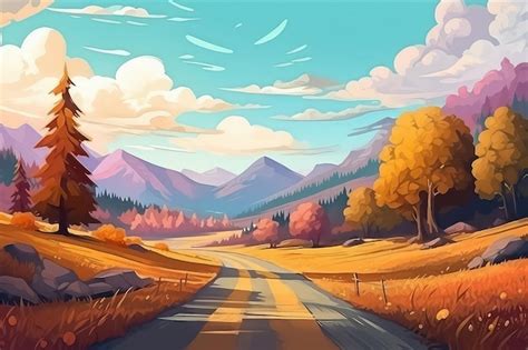 Premium AI Image | Road in the autumn forest at sunset