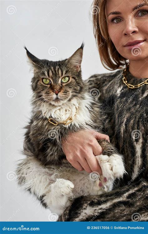 Caucasian Woman Holding and Hugging Maine Coon Cat Stock Photo - Image ...