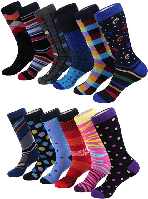 Men's Fun Dress Socks Colorful Cotton Fashion Patterned Socks 12 Pack ...