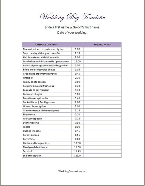 Wedding Day Timeline Template Printable - Printable Templates Free