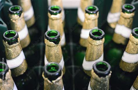 Top view of empty green beer bottles in the crate. Recycling of empty ...