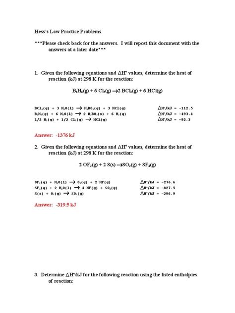 Hess's Law Worksheet - Printable Word Searches