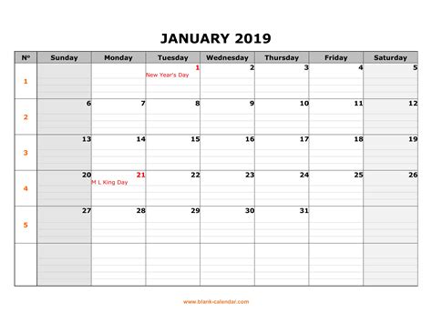 Free Download Printable Calendar 2019, large box grid, space for notes