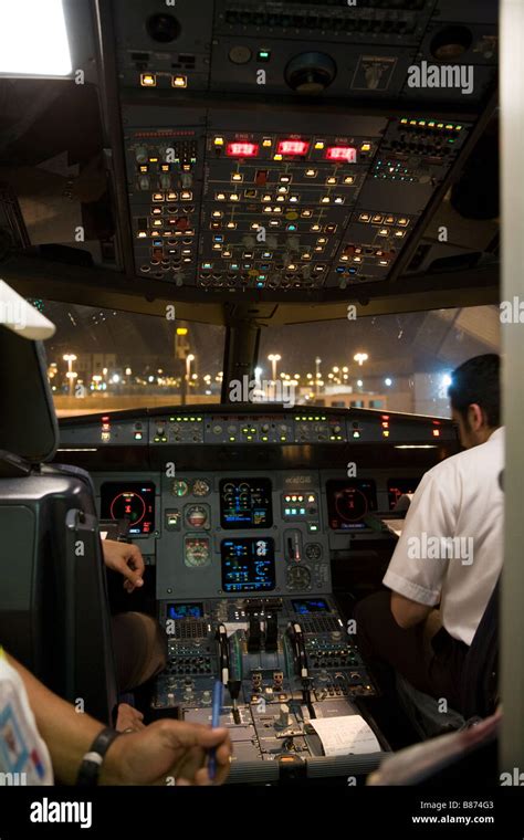 Inside the cockpit of an Airbus A321 aircraft during pre flight checks ...