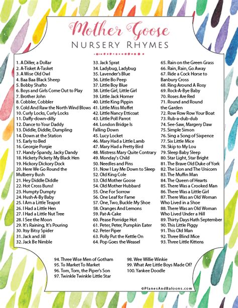 Mother Goose Rhymes List - Printable PDF