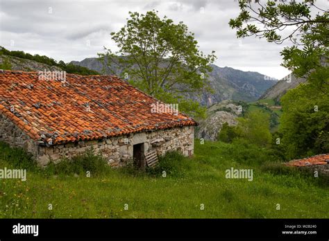 old farm building above the alpine village of Befar in the Picos de ...