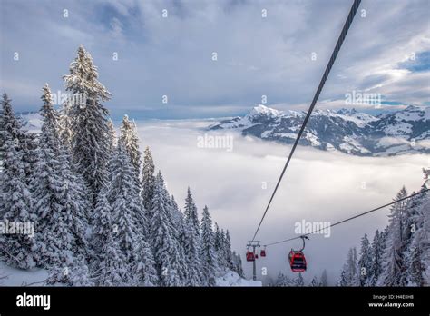 Cable car leading to Hahnenkamm in Kitzbuhel ski resort, Tyrol, Austria ...