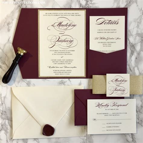 Burgundy and Gold Glitter Pocket Wedding Invitation — CZ INVITATIONS