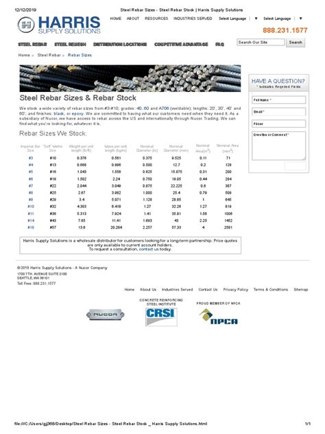 Steel Rebar Sizes - Steel Rebar Stock - Harris Supply Solutions | PDF ...