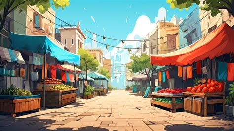 Colorful Street Market with Local Delicacies, Flat Design, Front View ...