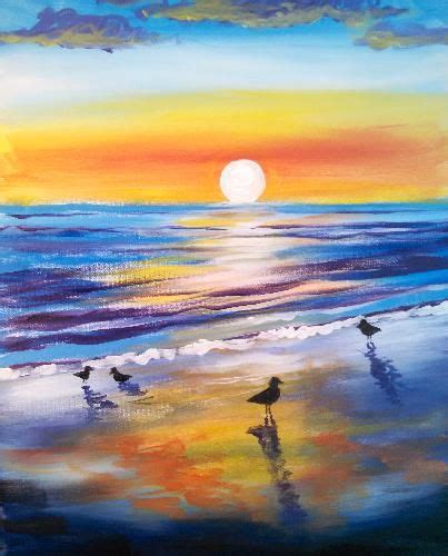 Sunrise Birds Night Painting, Beach Painting, Painting & Drawing ...