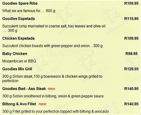 Menu at The Goodies Restaurant, Kempton Park