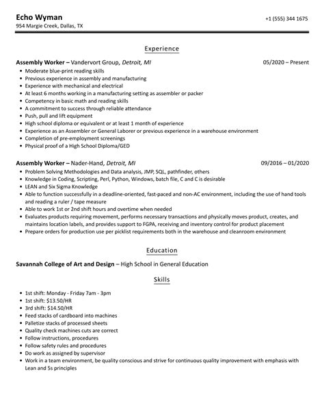 Resume For Assembly Worker