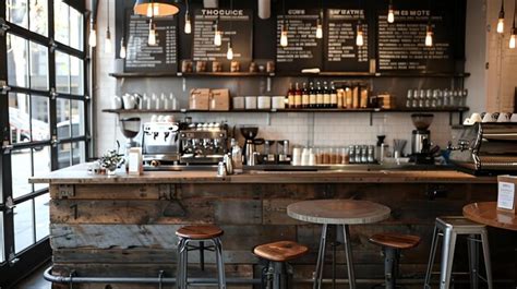 Premium Photo | Rustic coffee shop interior with wood and metal tables ...