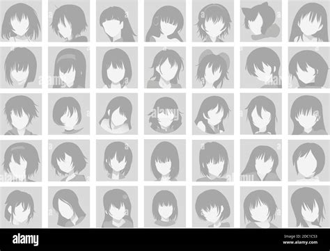 Vector Big Set of Anime Faces with Hair. Flat Gray Icons of Girls for ...