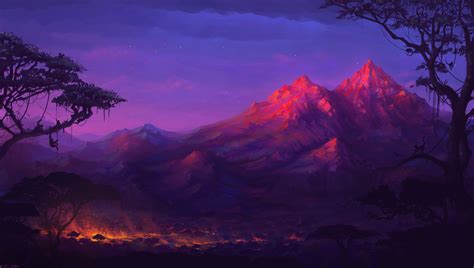 artwork, Fantasy Art, Mountain, Colorful, Monkeys, Night, Trees, Fire ...