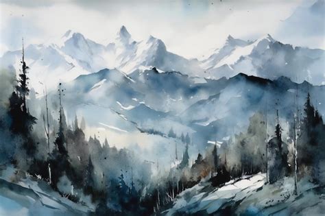 Premium Photo | A watercolor painting of a snowy mountain landscape.