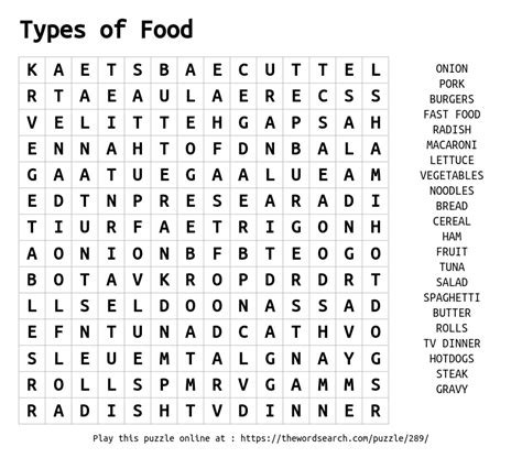 Download Word Search on Types of Food