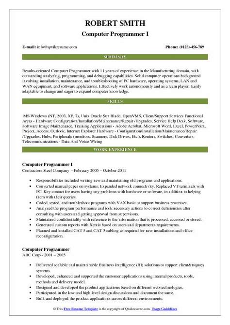 Computer Programmer Resume Samples | QwikResume