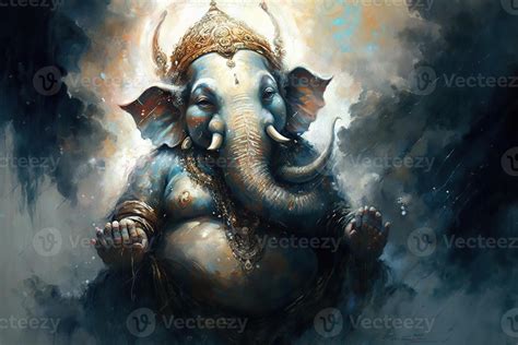 illustration of Ganesha Hindu God , with flowers, oil painting taken up ...