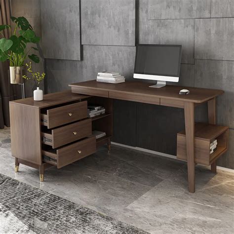 Walnut Reversible L-Shaped Desk Computer Desk with Drawers & Shelf-Homary