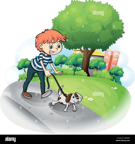 Illustration Of A Boy Walking With His Dog Along The Street On A Stock