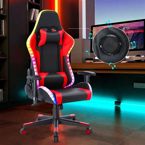 HomeMiYN Gaming Chair with Speakers Video and RGB LED Lights, Red PU ...