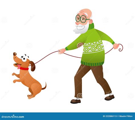 Old Man Walking With Dog Smiling Grandfather With His Pet Dachshund On