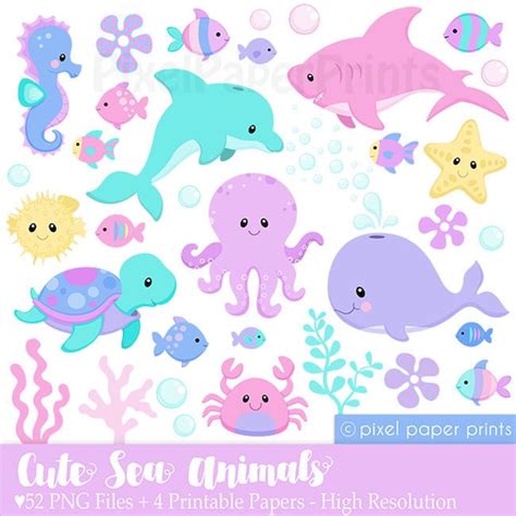 Cute Sea Animals - Ocean Animals Clip Art — PixelPaperPrints