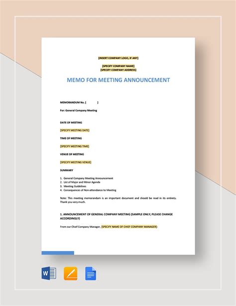 Memo for Meeting Announcement Template in Word, Pages, Google Docs ...