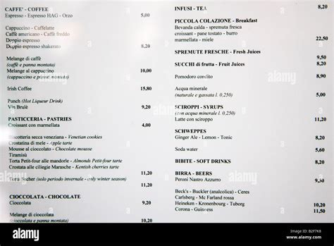 Cafe Florian Menu showing prices Venice Italy Stock Photo - Alamy