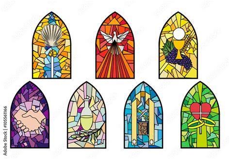 Symbols of the seven sacraments of the Catholic Church on stained glass ...