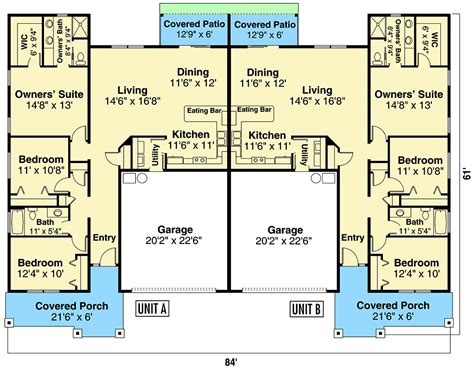 Duplex Ranch Home Plan with Matching 3-Bed Units - 72965DA ...