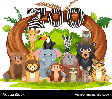 Zoo animals group in flat cartoon style Royalty Free Vector