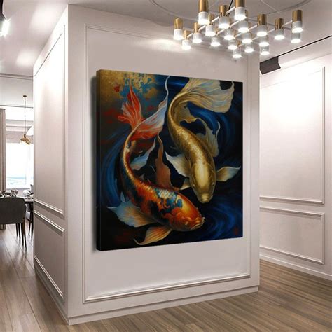 Two Gold Koi Fish Feng Shui Art, Stretched Printed Canvas Creative Art ...