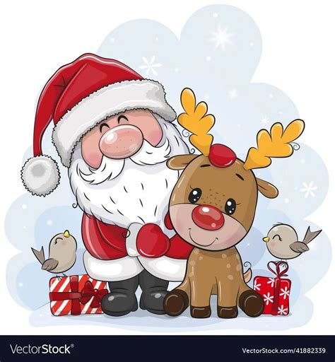 Cartoon santa claus with deer on a blue background vector image ...