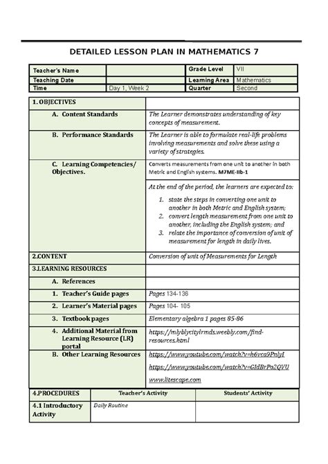 Lesson Plan For Second Grade