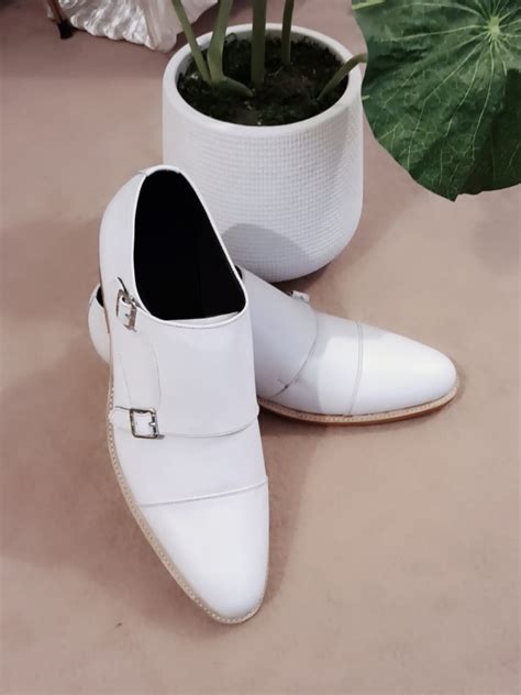 White Double Monk Shoes for Men's White Dress Shoes