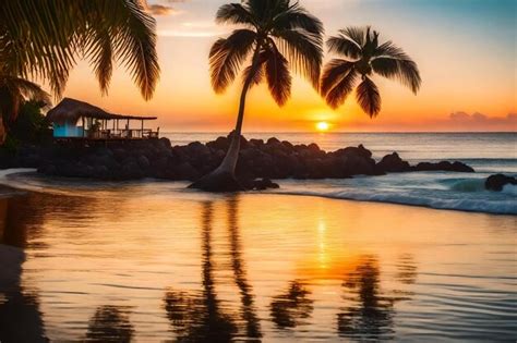 Premium AI Image | A sunset view of the ocean and palm trees