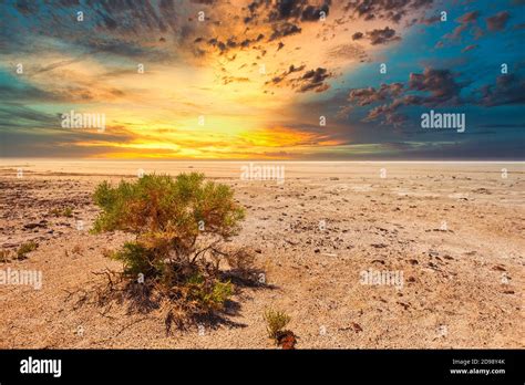 Dramatic sunset at salt lake Kati Thanda Lake Eyre in the Australian ...