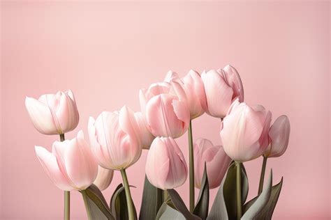 bunch of delicate pink tulips arranged against a blank pink background ...