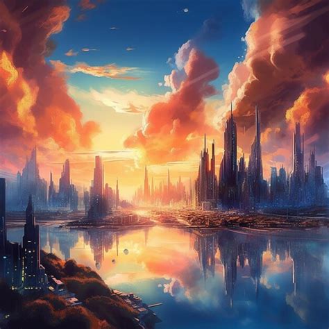 Premium AI Image | Anime city skyline with a river and a sunset in the ...