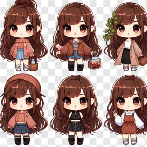 Feminino Chibi Meninas Anime 3d Conjunto De Cabelo Castanho Linda ...