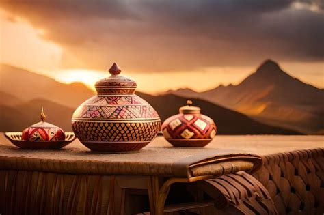 Premium AI Image | a sunset over a table with a mountain view.