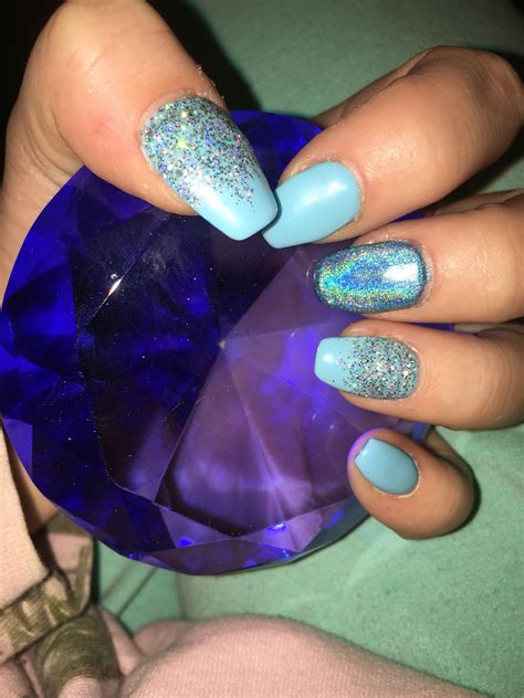 Sky blue sparkle gel nails with holographic accent nail | Sparkle gel ...