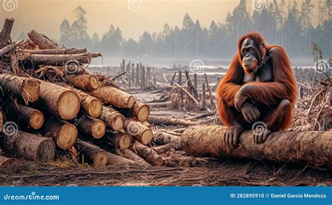 Orangutan Rests on a Tree Stump, Deforestation Palm Oil Industry ...