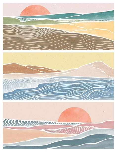 set of creative minimalist modern line art print. Abstract ocean wave ...