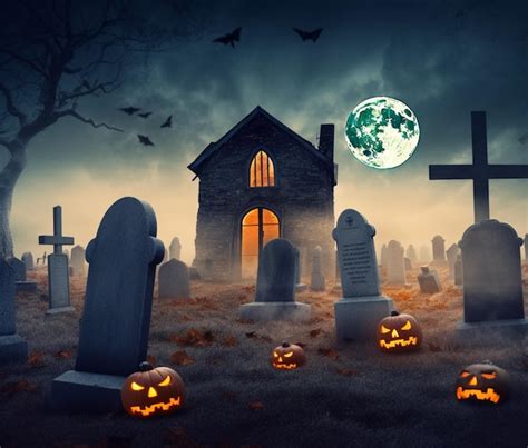 Premium AI Image | Halloween graveyard with pumpkins and a spooky ...