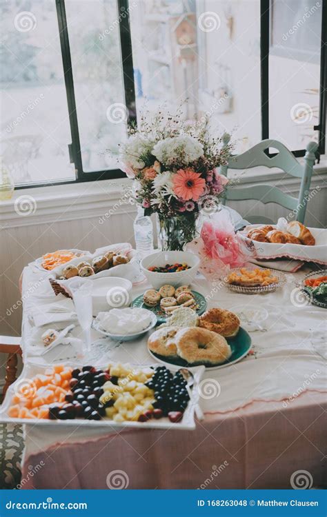 Table Set For Breakfast With Healthy Food Stock Photo Image Of Bakery